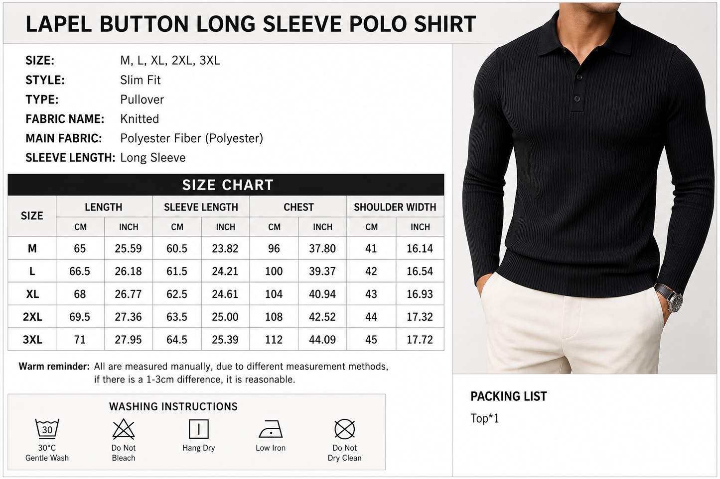 Lapel Button Long Sleeve Polo Shirt Slim Fashion Solid Striped Knitted Bottoming Shirt Top Men's Clothing