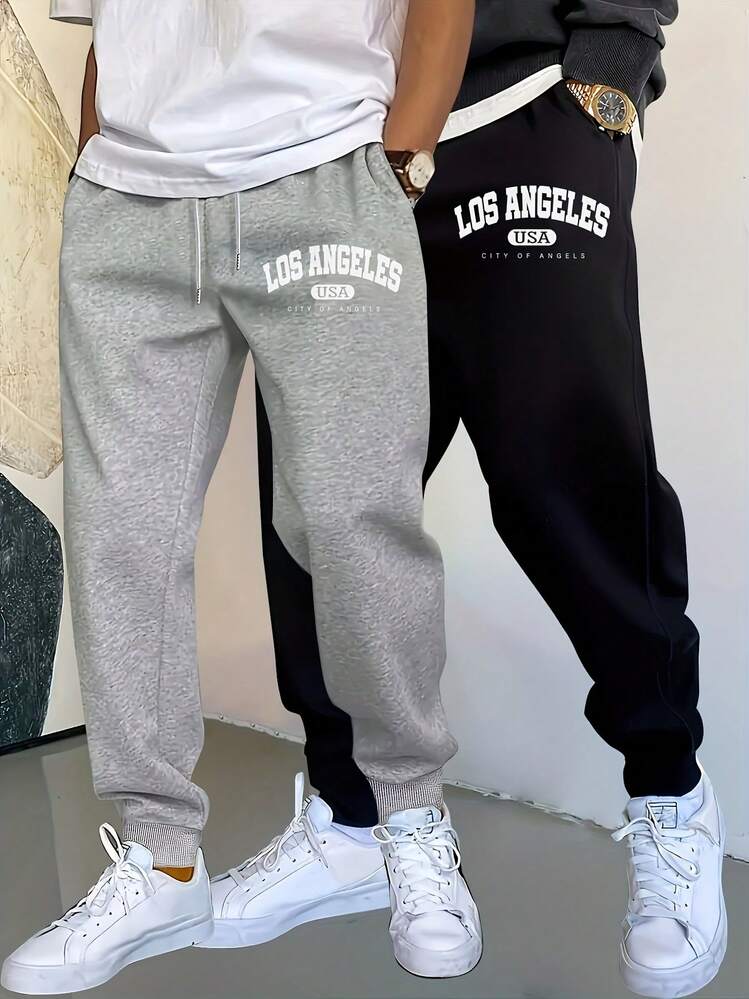 Men's Casual Printed Drawstring Sports Pants, 100% Polyester Knit Fabric, los angeles