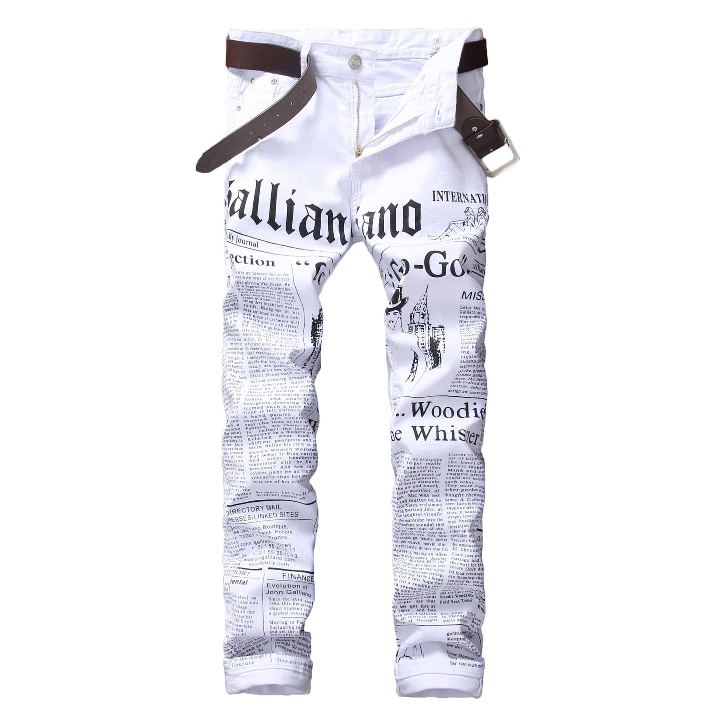 Enrica Men's Casual Letters Printed Jeans Skinny White Denim Pants, White,