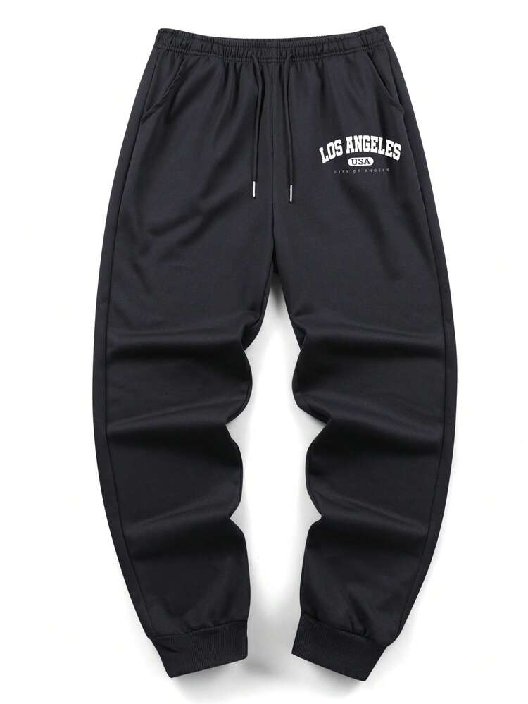 Men's Casual Printed Drawstring Sports Pants, 100% Polyester Knit Fabric, los angeles
