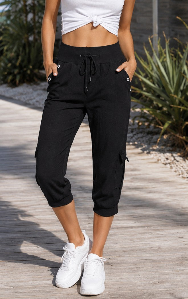 Women's six different colors Cropped Pants Cotton Linen Cargo Pocket Casual Pants